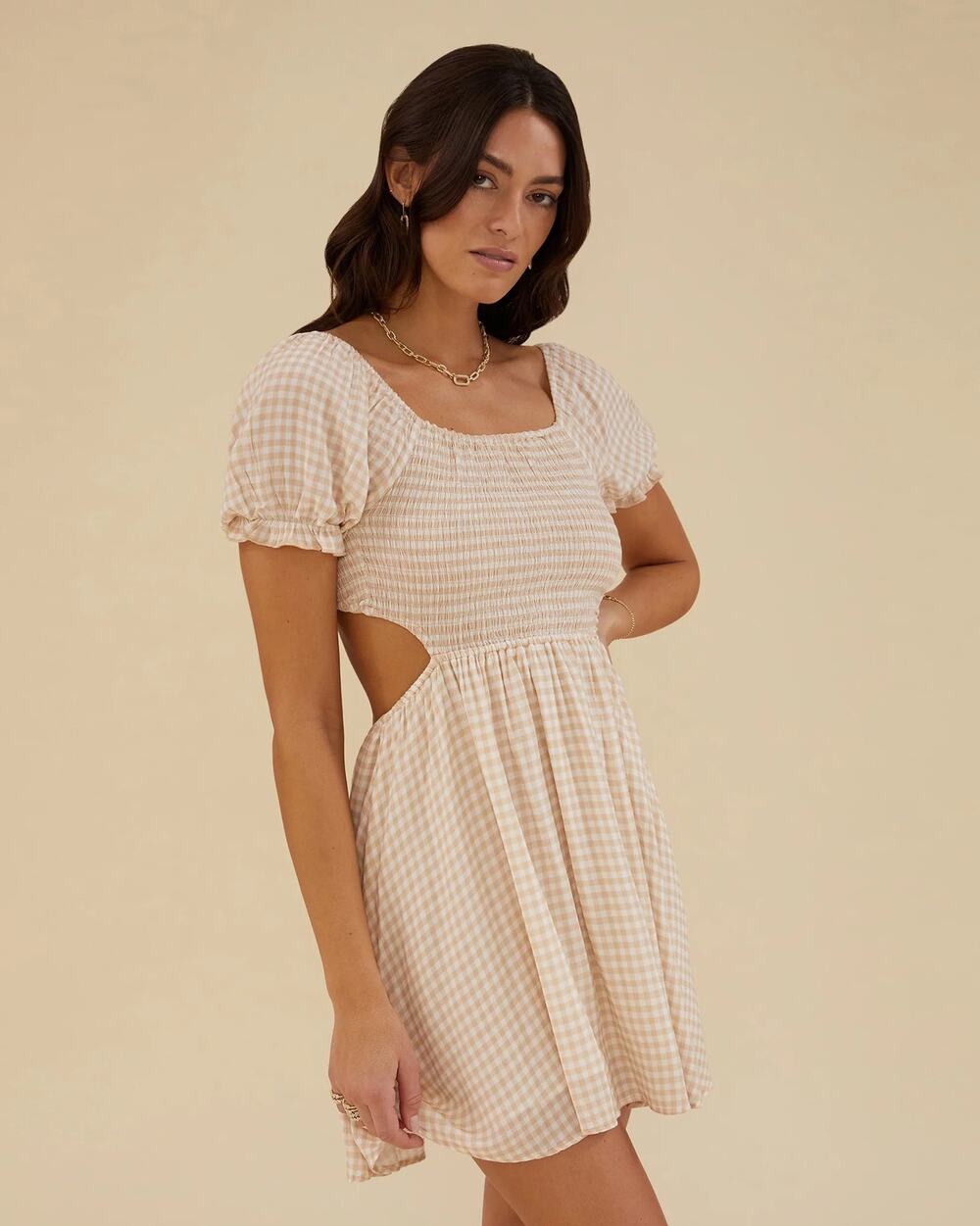 [Rachel Parcell] Tan Micro Gingham Print Open Back Smocked Mini Dress NWT Sz XXL